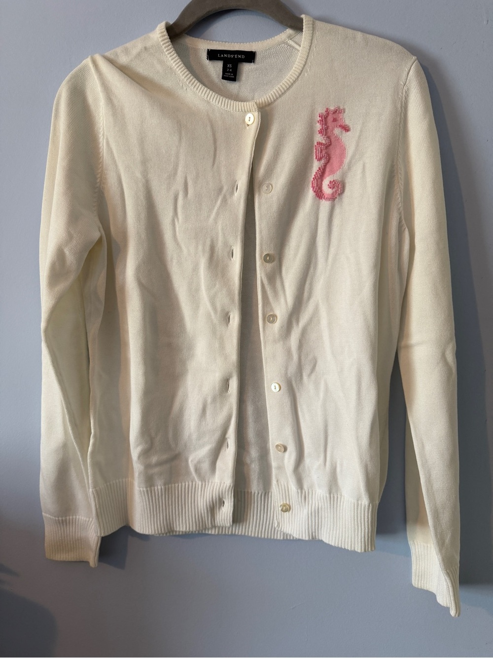 Lands' End White Cardigan with Pink Beaded Seahorse Embroidery